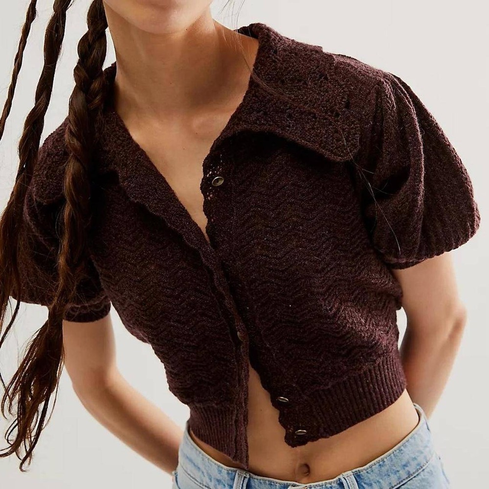 Free People Burgundy 100% Cashmere Scalloped Collar Puff Sleeve Cardigan Size S
